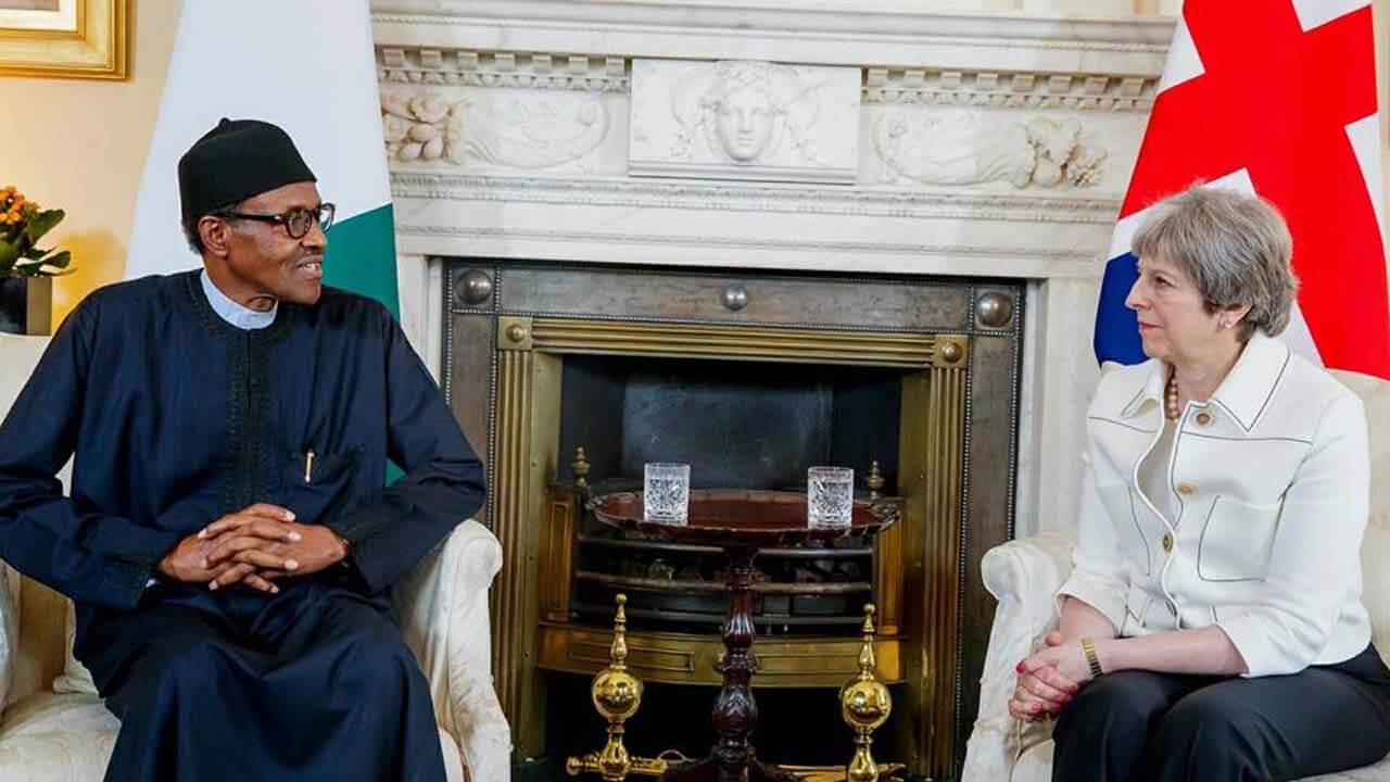 Muhammadu buhari and theresa may discussing security in Nigeria