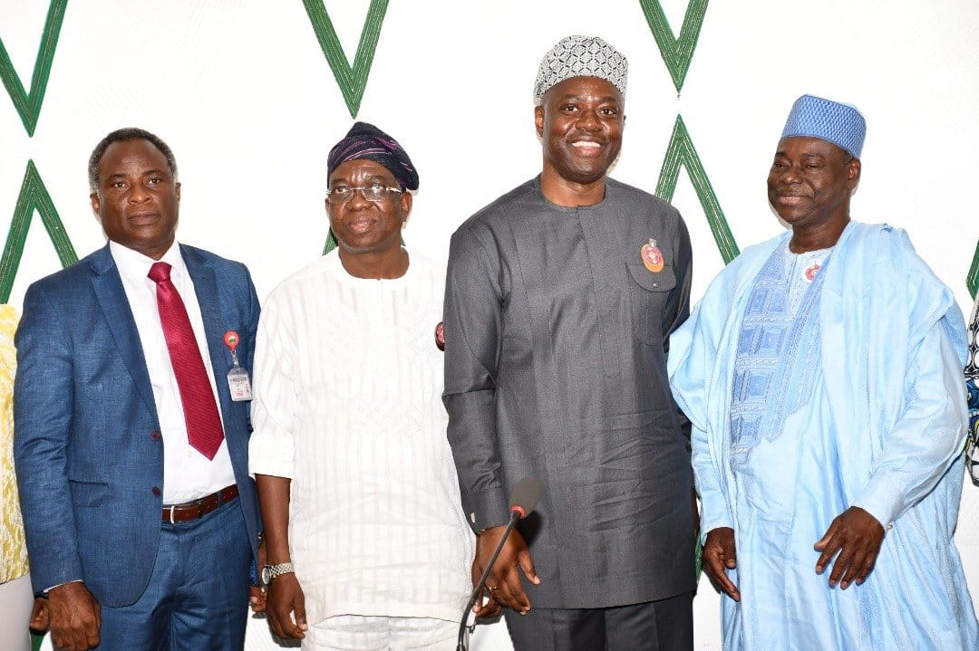 Oyo State Governor, Engineer Seyi Makinde (second right); his deputy, Engr, Rauf Olaniyan (second left); chairman, Board of Management, University College Hospital, Ibadan, Alhaji  Ibrahim Shettima (right) and the Chief Medical Director of the Hospital, Professor Jesse Abiodun Otegbayo (left), during the UCH Board’s visit to Governor Makinde at the Governor's Office, Secretariat, Ibadan. PHOTO: Oyo State Government.