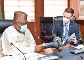 Senator Godswill Akpabio (left) with the Charge d' Affaires a.i of the Embassy of Ireland in Nigeria, Mr Conor Finn, in his office in Abuja on Thursday.
