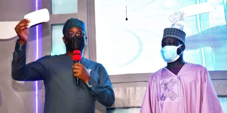 Oyo State Governor, Seyi Makinde (left) and Chairman, Dexterity Group, Femi Akin-Alamu during the Launch of SATVIEW Network and unveiling of Decoder and Channels held at ring-road, Ibadan.