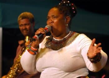 Sylvia Mdunyelwa alongside Ezra Ngcukana live at the jazzathon music festival at the V&A Waterfront, Cape Town. Photo: Michael Pinyana.