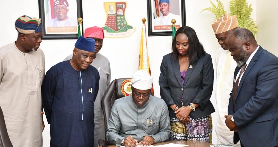 Oyo State Governor Seyi Makinde middle signing the Executive Order on the Protection of Mining Communities against Insecurity and Exploitation in the State and the Executive Order on the Establishment of the Ministry of Culture and Tourism With him from left are the Chief of Staff Hon Segun Ogunwuyi left Deputy Governor Barr Bayo Lawal Chairman Oyo State Minerals Development Agency Hon Abiodun Oni Secretary to the State Government Prof Olanike Adeyemo Commissioner for Culture and Tourism Dr Wasiu Olatunbosun and the Attorney General and Commissioner for Justice Barr Abiodun Aikomo at the Governors Office Secretariat Ibadan PHOTO Oyo Govs Media Unit