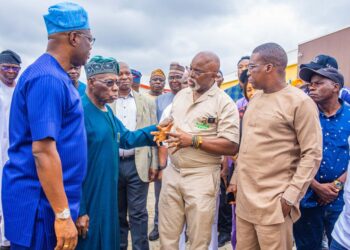 Oyo State Governor Seyi Makinde, former President Olusegun Obasanjo, Mr Amaju Pinnick, an investor and Dr Debo Akande, Executive Advisor to Governor Makinde, during a visit to Fasola Agric Industrial Hub.
