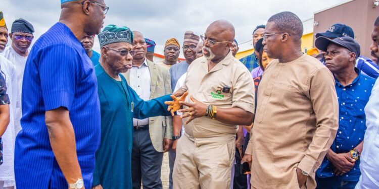 Oyo State Governor Seyi Makinde, former President Olusegun Obasanjo, Mr Amaju Pinnick, an investor and Dr Debo Akande, Executive Advisor to Governor Makinde, during a visit to Fasola Agric Industrial Hub.