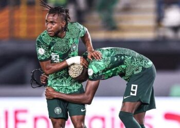 Super Eagles Keeper at AFCON Lookman and Oshimen celebrate goal against Angola