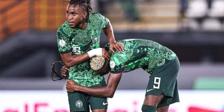Super Eagles Keeper at AFCON Lookman and Oshimen celebrate goal against Angola