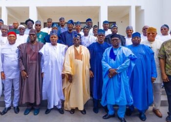 President Tinubu, Vice President Shettima, with the leadership of the National Assembly and the governors in Lagos on Friday, April 12, 2024.